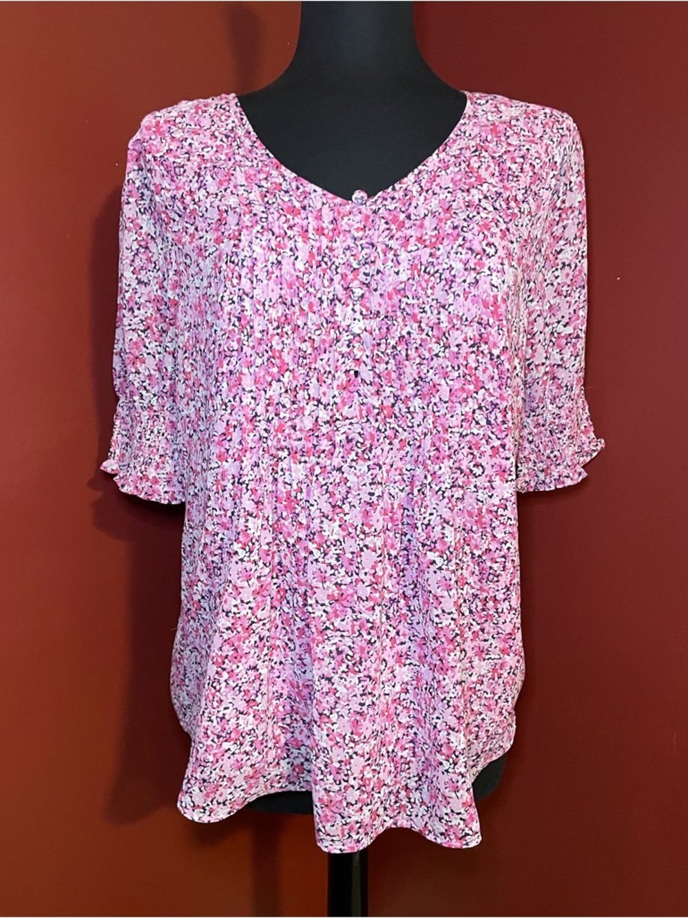 Preswick & Moore Pink Micro-Florals V-Neck Ruffle Sleeve Blouse
